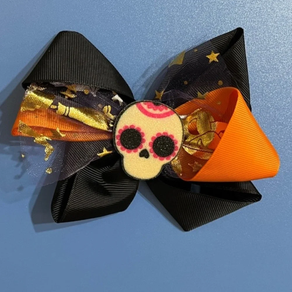💀 NEW Sparkly Sugar Skull Halloween Hair Bow – Orange & Black